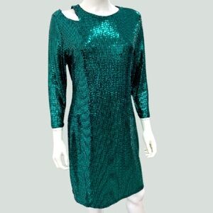 Beautiful Emerald Green Slip On All Over Sequined Cocktail Party Dress
